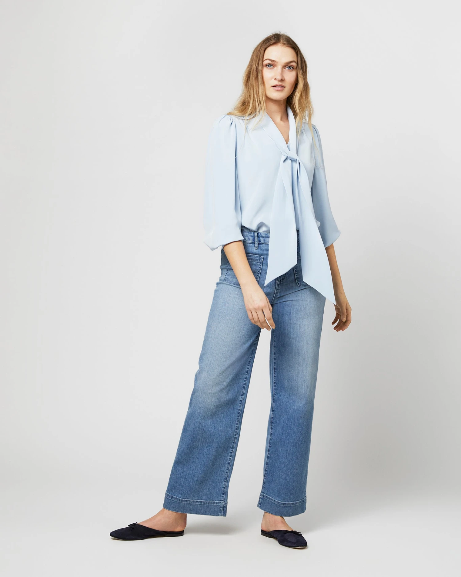 Helene Tie-Neck Blouse In Pale Blue Silk Crepe De Chine 5 Helene Tie-Neck Blouse In Pale Blue Silk Crepe De Chine - Image 3