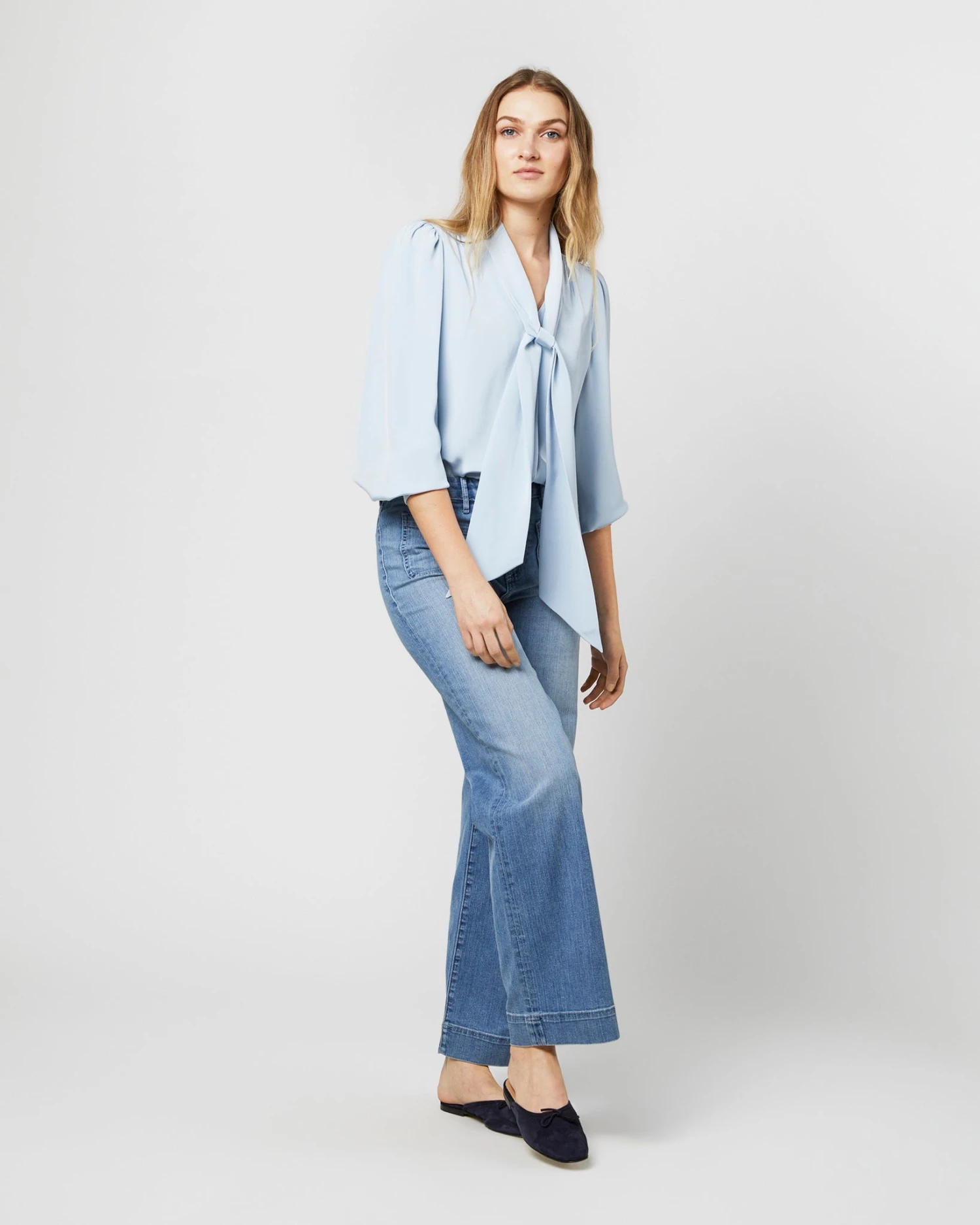 Helene Tie-Neck Blouse In Pale Blue Silk Crepe De Chine 8 Helene Tie-Neck Blouse In Pale Blue Silk Crepe De Chine - Image 6