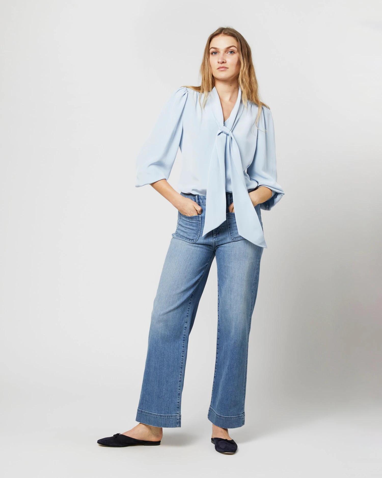 Helene Tie-Neck Blouse In Pale Blue Silk Crepe De Chine 3 Helene Tie-Neck Blouse In Pale Blue Silk Crepe De Chine