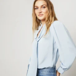 Helene Tie-Neck Blouse In Pale Blue Silk Crepe De Chine 12 Helene Tie-Neck Blouse In Pale Blue Silk Crepe De Chine -Modezzia Sales S71408 2446