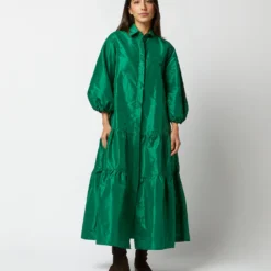 Isla Shirtdress In Green Silk Taffeta -Modezzia Sales S71411 4