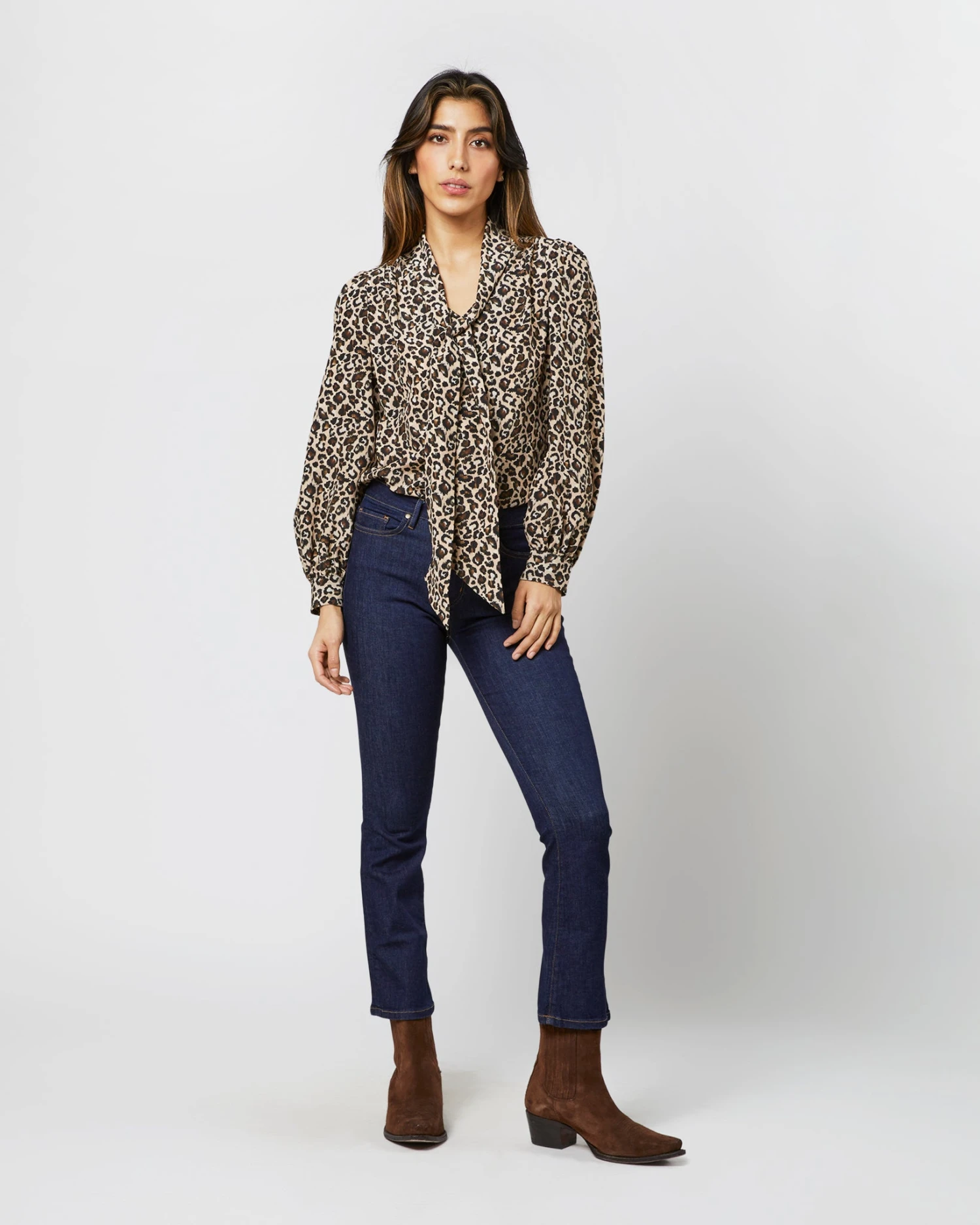 Helene Tie-Neck Blouse In Camel/Black Painterly Leopard Crepe De Chine 3 Helene Tie-Neck Blouse In Camel/Black Painterly Leopard Crepe De Chine