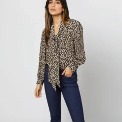 Helene Tie-Neck Blouse In Camel/Black Painterly Leopard Crepe De Chine 20 Helene Tie-Neck Blouse In Camel/Black Painterly Leopard Crepe De Chine -Modezzia Sales S71419 4744