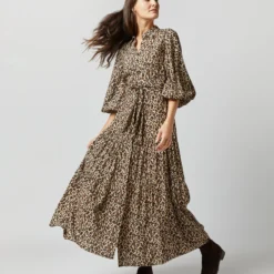 Isla Shirtdress In Camel/Black Painterly Leopard Crepe De Chine -Modezzia Sales S71420 863