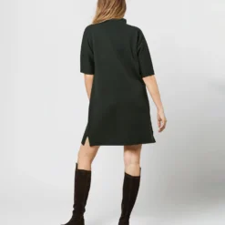 Rowan Short-Sleeved Funnel-Neck Dress In Bottle Green Merino Wool -Modezzia Sales S71436 869