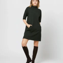 Rowan Short-Sleeved Funnel-Neck Dress In Bottle Green Merino Wool -Modezzia Sales S71436 890