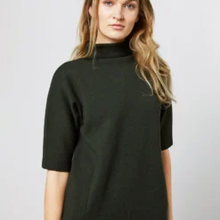 Rowan Short-Sleeved Funnel-Neck Dress In Bottle Green Merino Wool -Modezzia Sales S71436 916