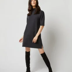 Rowan Short-Sleeved Funnel-Neck Dress In Heather Coal Merino Wool