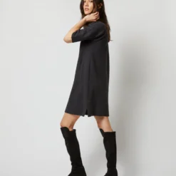 Rowan Short-Sleeved Funnel-Neck Dress In Heather Coal Merino Wool -Modezzia Sales S71437 624
