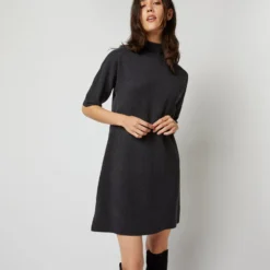Rowan Short-Sleeved Funnel-Neck Dress In Heather Coal Merino Wool -Modezzia Sales S71437 678