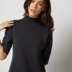 Rowan Short-Sleeved Funnel-Neck Dress In Heather Coal Merino Wool -Modezzia Sales S71437 684