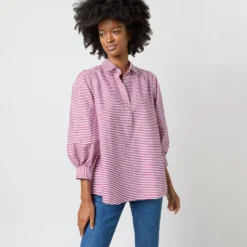 Geraldine Popover Shirt In Red Horizontal Bengal Stripe Poplin 12 Geraldine Popover Shirt In Red Horizontal Bengal Stripe Poplin -Modezzia Sales S71621 2473