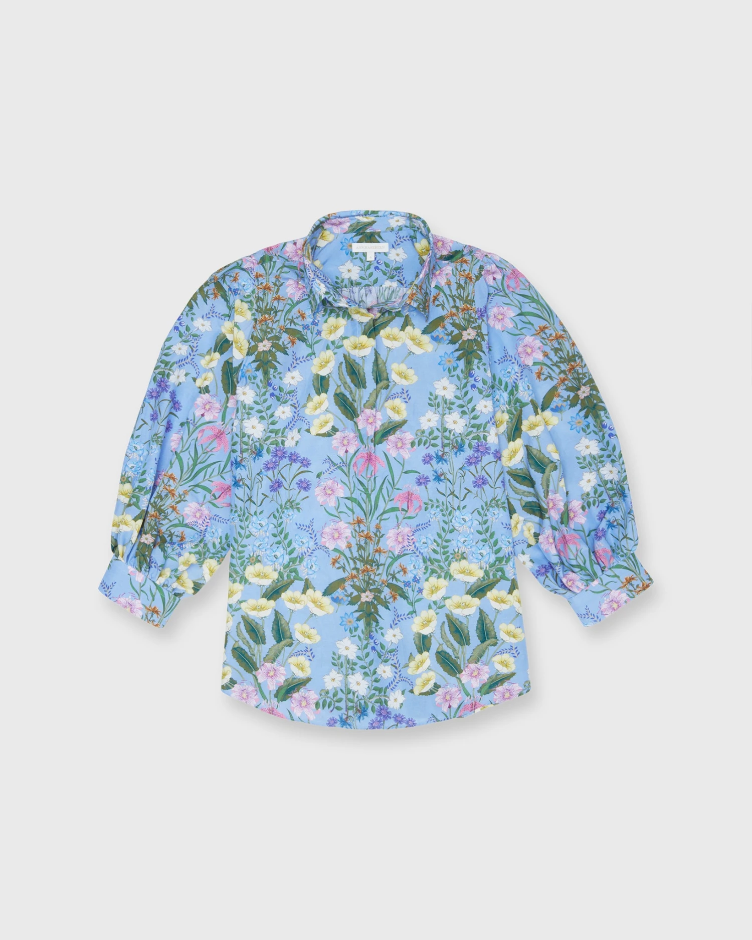 Geraldine Popover Shirt In Blue Multi Angela's Garden Habotai 3 Geraldine Popover Shirt In Blue Multi Angela's Garden Habotai