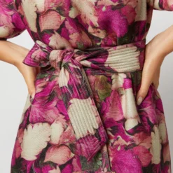 Trapunto Blouson-Sleeve Dress In Berry/Multi Winter Garden Venetian 17 Trapunto Blouson-Sleeve Dress In Berry/Multi Winter Garden Venetian -Modezzia Sales S71916 1005