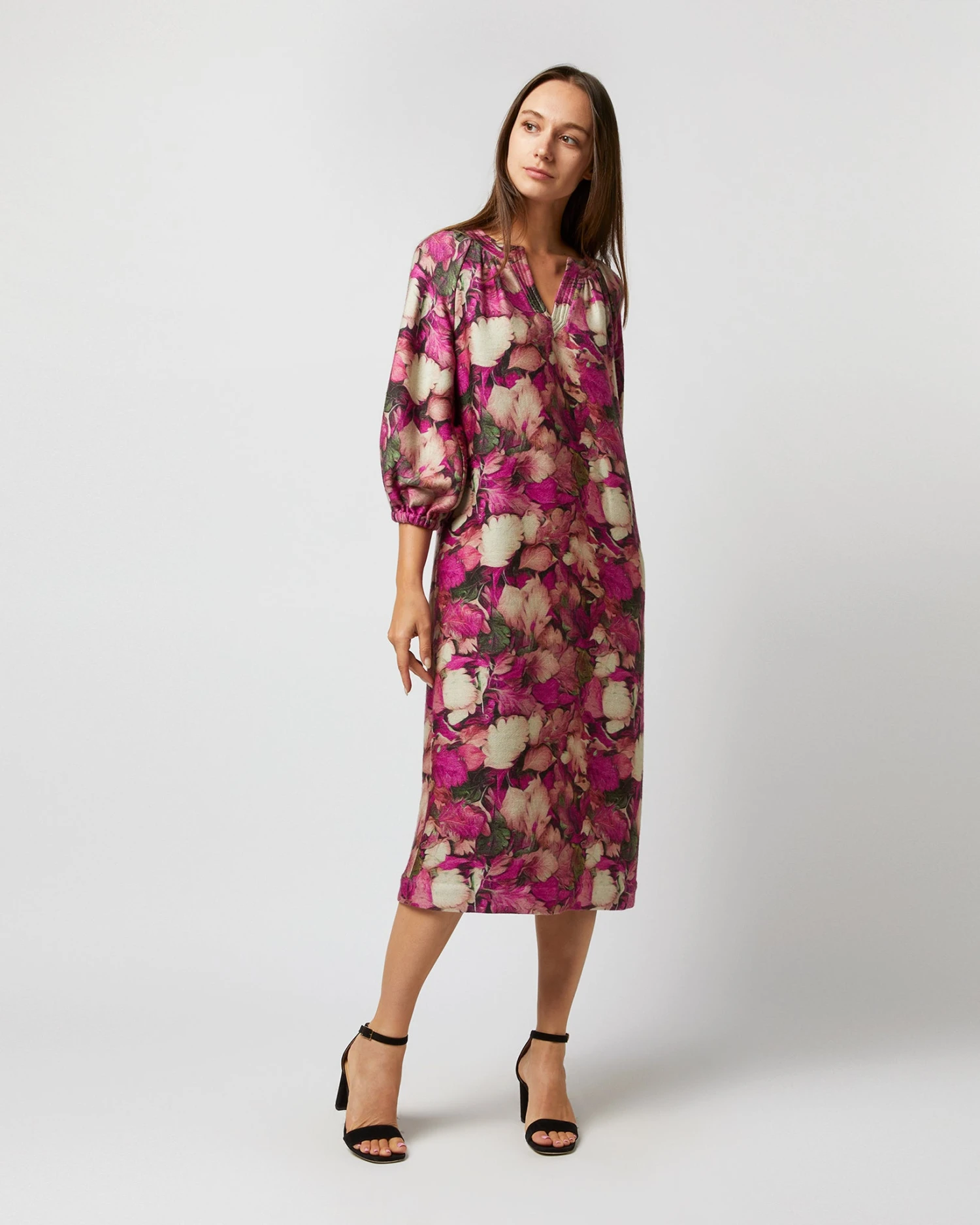 Trapunto Blouson-Sleeve Dress In Berry/Multi Winter Garden Venetian 10 Trapunto Blouson-Sleeve Dress In Berry/Multi Winter Garden Venetian - Image 8