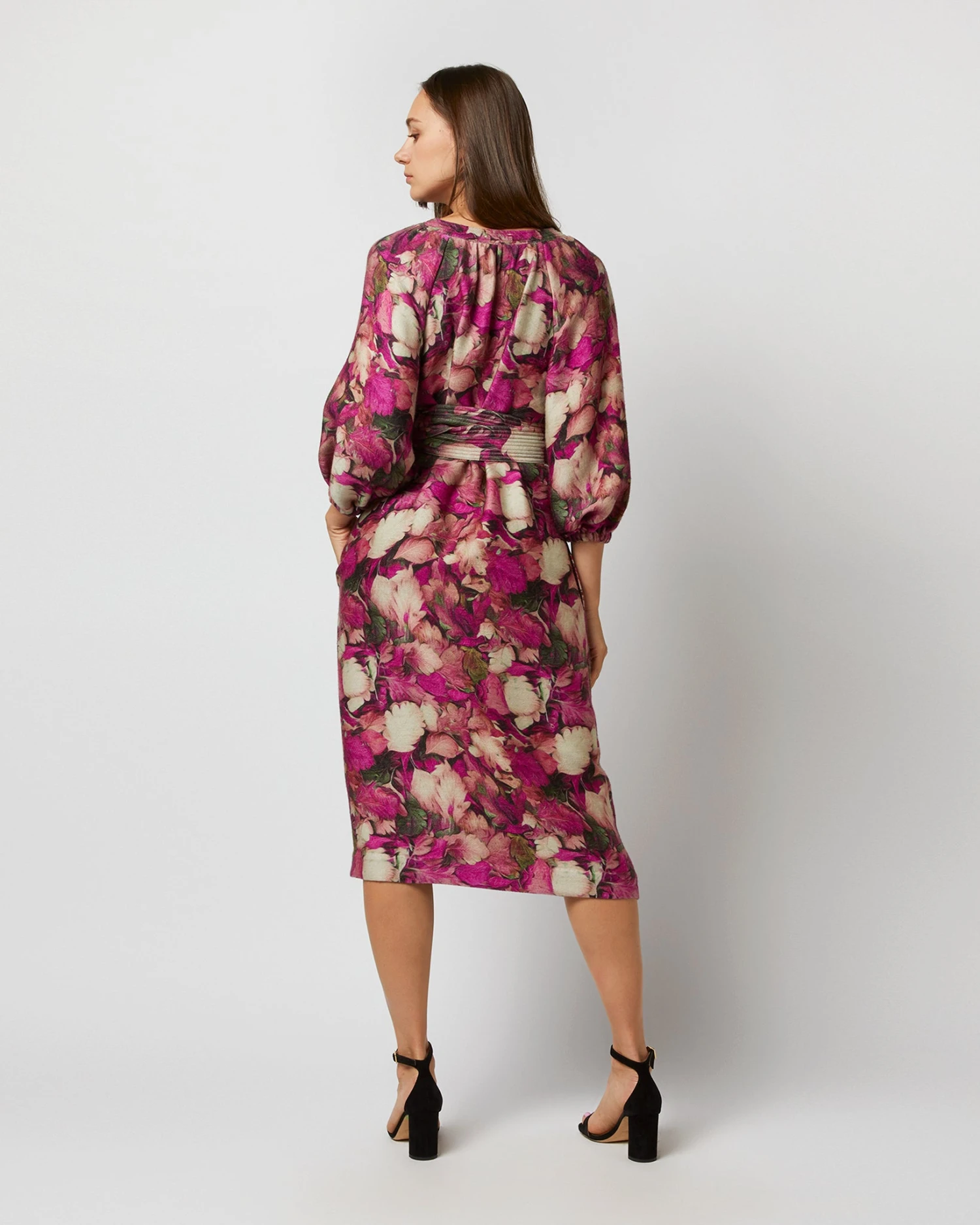 Trapunto Blouson-Sleeve Dress In Berry/Multi Winter Garden Venetian 6 Trapunto Blouson-Sleeve Dress In Berry/Multi Winter Garden Venetian - Image 4