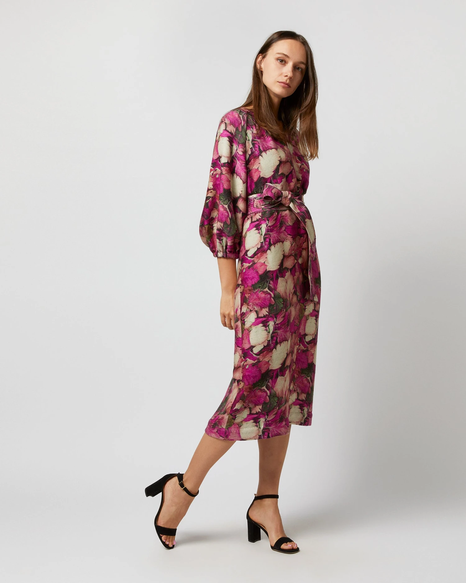 Trapunto Blouson-Sleeve Dress In Berry/Multi Winter Garden Venetian 5 Trapunto Blouson-Sleeve Dress In Berry/Multi Winter Garden Venetian - Image 3