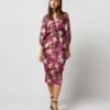 Trapunto Blouson-Sleeve Dress In Berry/Multi Winter Garden Venetian -Modezzia Sales S71916 930