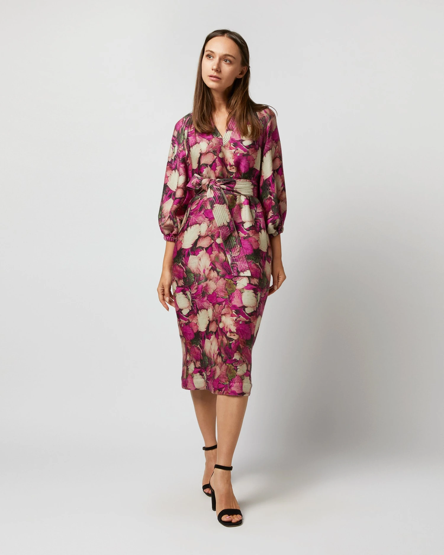 Trapunto Blouson-Sleeve Dress In Berry/Multi Winter Garden Venetian 3 Trapunto Blouson-Sleeve Dress In Berry/Multi Winter Garden Venetian
