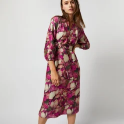 Trapunto Blouson-Sleeve Dress In Berry/Multi Winter Garden Venetian 16 Trapunto Blouson-Sleeve Dress In Berry/Multi Winter Garden Venetian -Modezzia Sales S71916 962