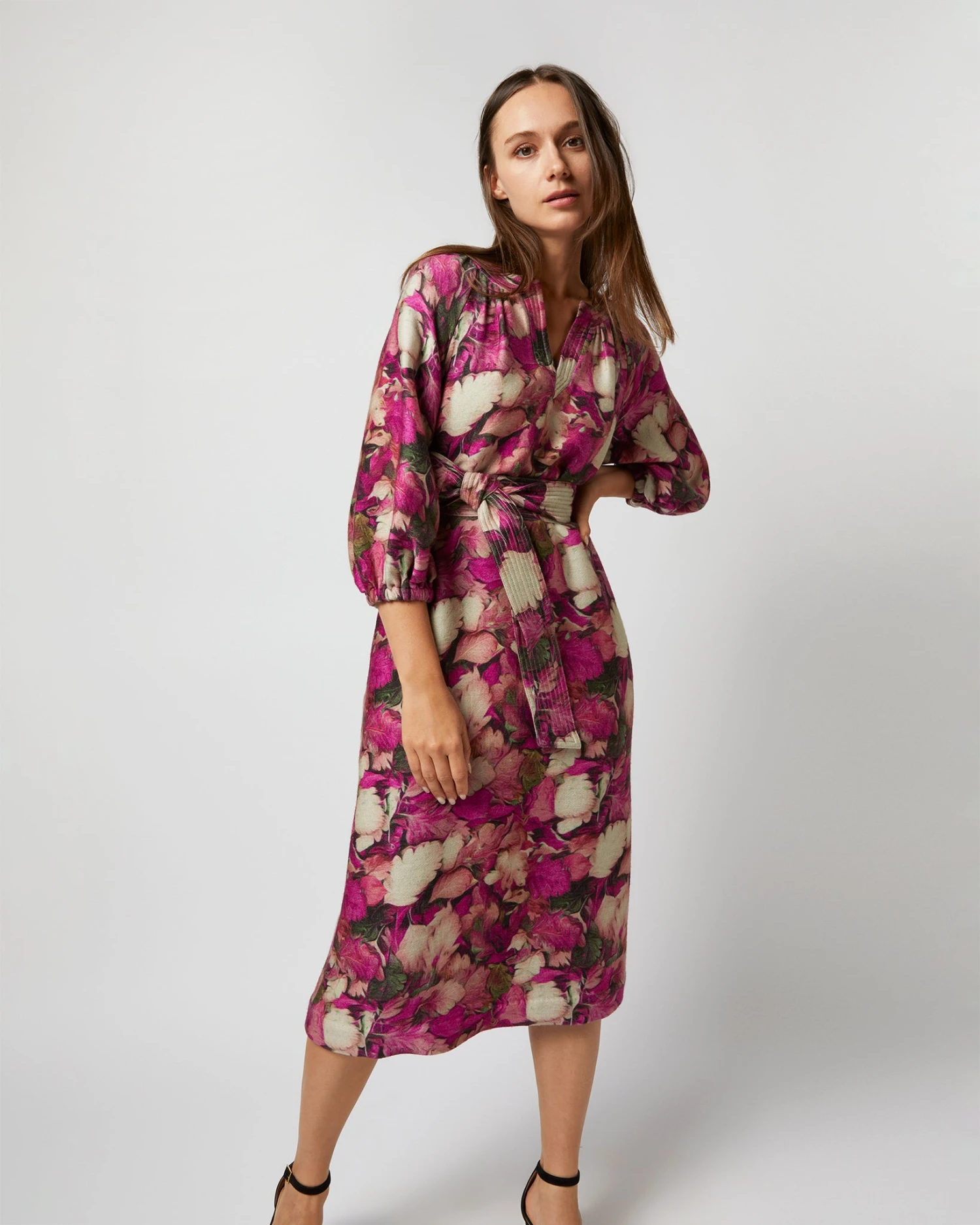 Trapunto Blouson-Sleeve Dress In Berry/Multi Winter Garden Venetian 8 Trapunto Blouson-Sleeve Dress In Berry/Multi Winter Garden Venetian - Image 6
