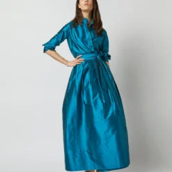 Pleated Wrap Skirt In Atlantic Blue Silk Shantung -Modezzia Sales S72090 2221