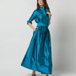 Pleated Wrap Skirt In Atlantic Blue Silk Shantung -Modezzia Sales S72090 2273