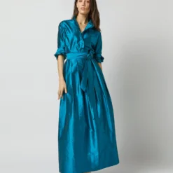 Pleated Wrap Skirt In Atlantic Blue Silk Shantung -Modezzia Sales S72090 2297