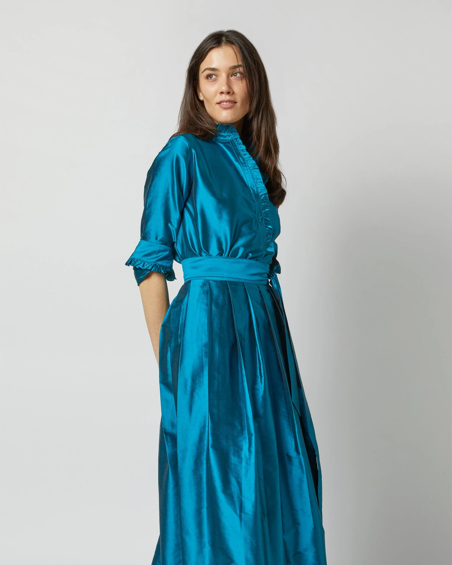 Frill Shirt In Atlantic Blue Silk Shantung 9 Frill Shirt In Atlantic Blue Silk Shantung - Image 7