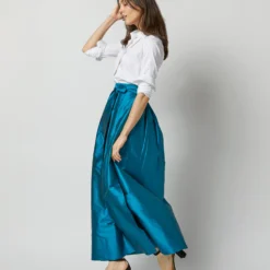 Pleated Wrap Skirt In Atlantic Blue Silk Shantung -Modezzia Sales S72090 2469