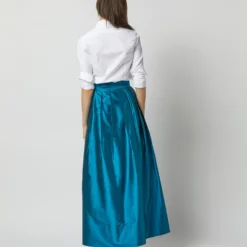 Pleated Wrap Skirt In Atlantic Blue Silk Shantung -Modezzia Sales S72090 2483