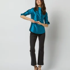 Frill Shirt In Atlantic Blue Silk Shantung