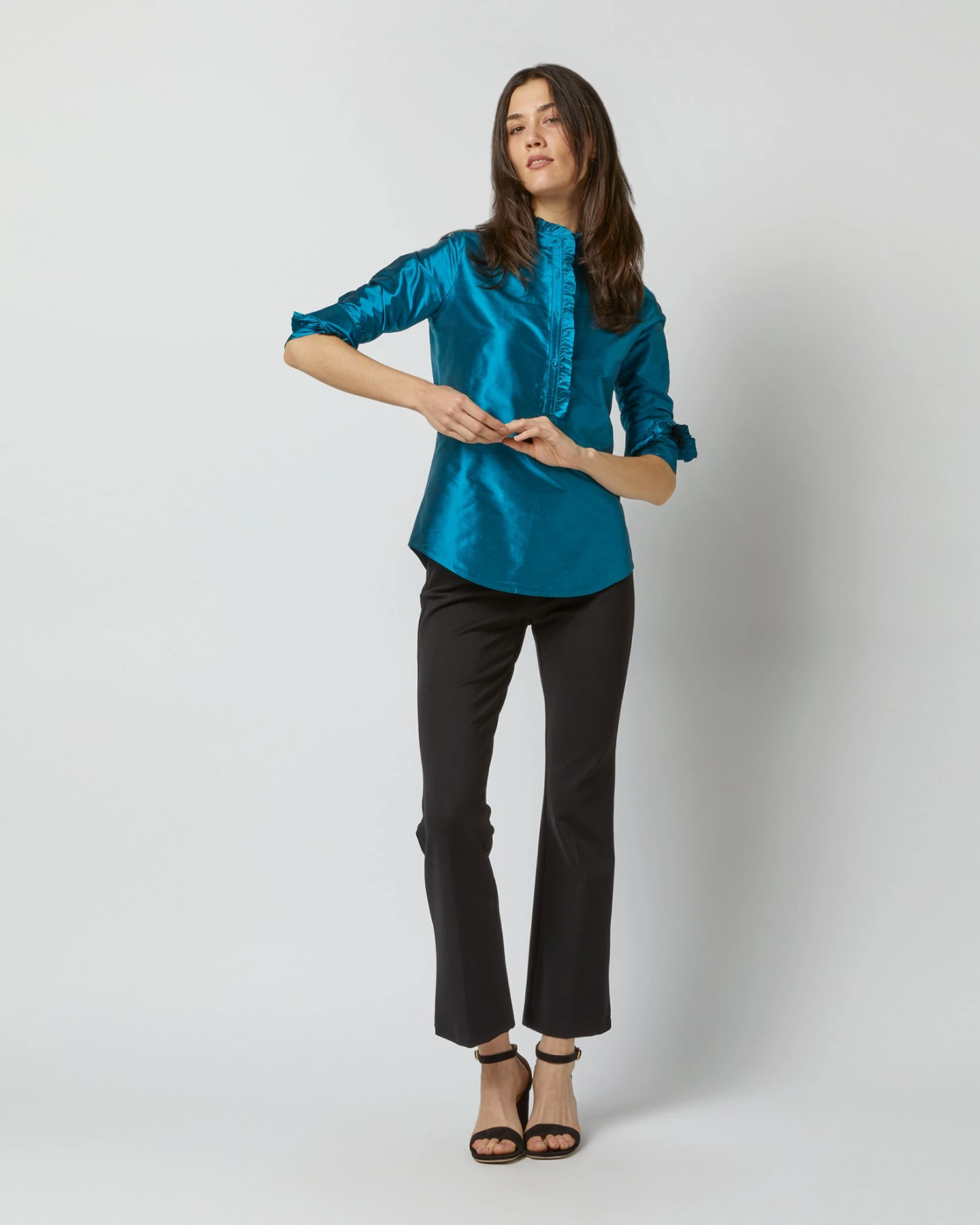Frill Shirt In Atlantic Blue Silk Shantung 3 Frill Shirt In Atlantic Blue Silk Shantung