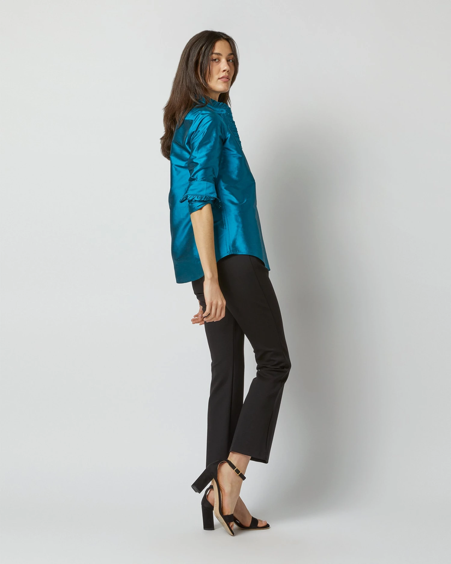 Frill Shirt In Atlantic Blue Silk Shantung 5 Frill Shirt In Atlantic Blue Silk Shantung - Image 3