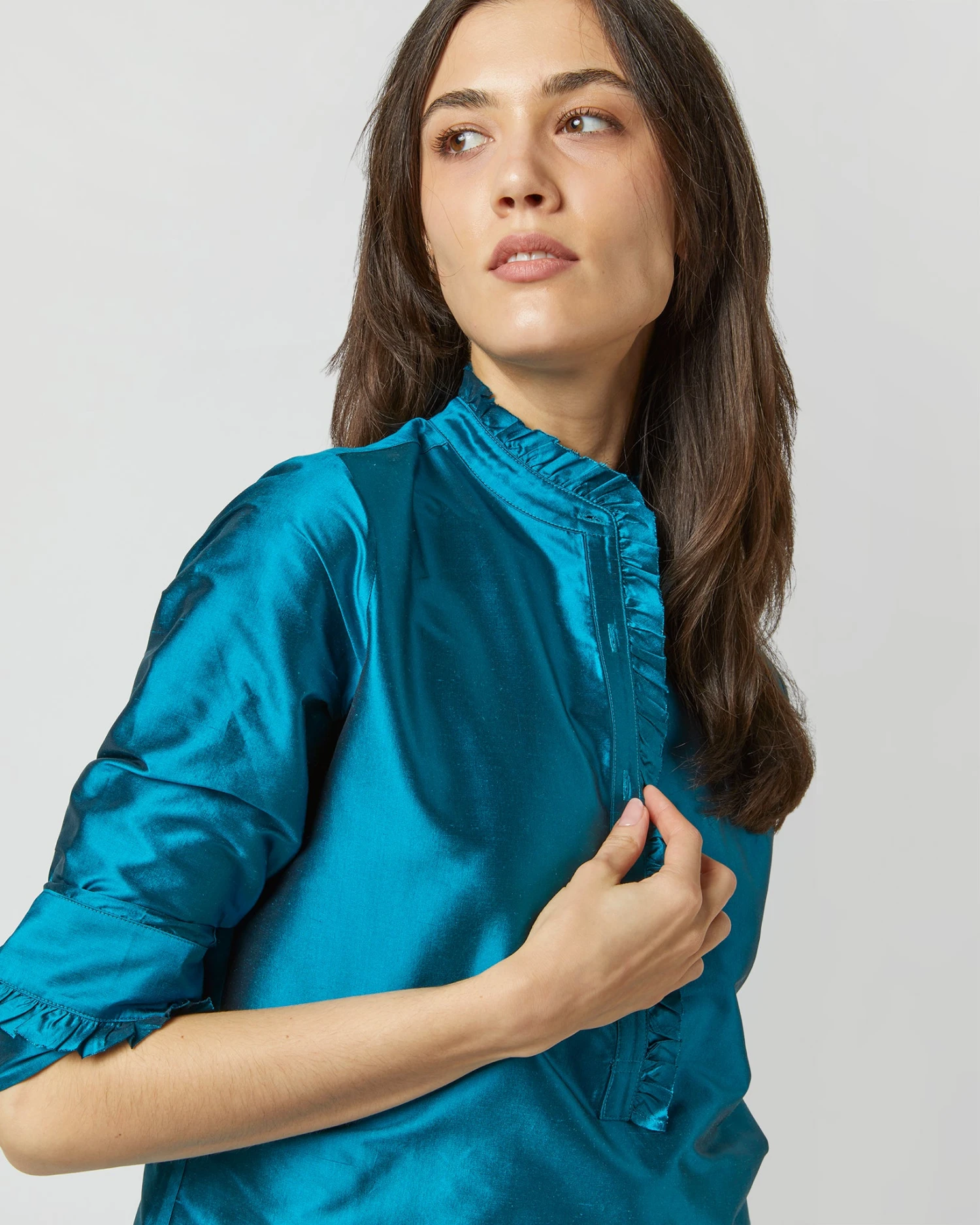 Frill Shirt In Atlantic Blue Silk Shantung 4 Frill Shirt In Atlantic Blue Silk Shantung - Image 2