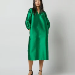 Trapunto Blouson Dress In Emerald Silk/Wool -Modezzia Sales S72092 2051