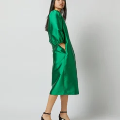 Trapunto Blouson Dress In Emerald Silk/Wool -Modezzia Sales S72092 2065