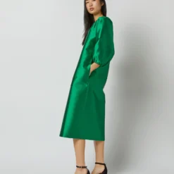 Trapunto Blouson Dress In Emerald Silk/Wool -Modezzia Sales S72092 2083