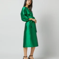 Trapunto Blouson Dress In Emerald Silk/Wool -Modezzia Sales S72092 2119