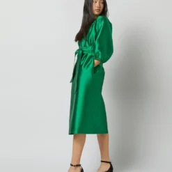 Trapunto Blouson Dress In Emerald Silk/Wool -Modezzia Sales S72092 2127