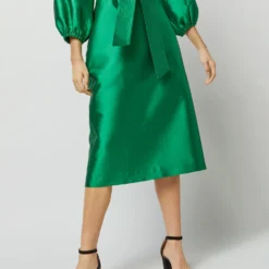 Trapunto Blouson Dress In Emerald Silk/Wool -Modezzia Sales S72092 2189