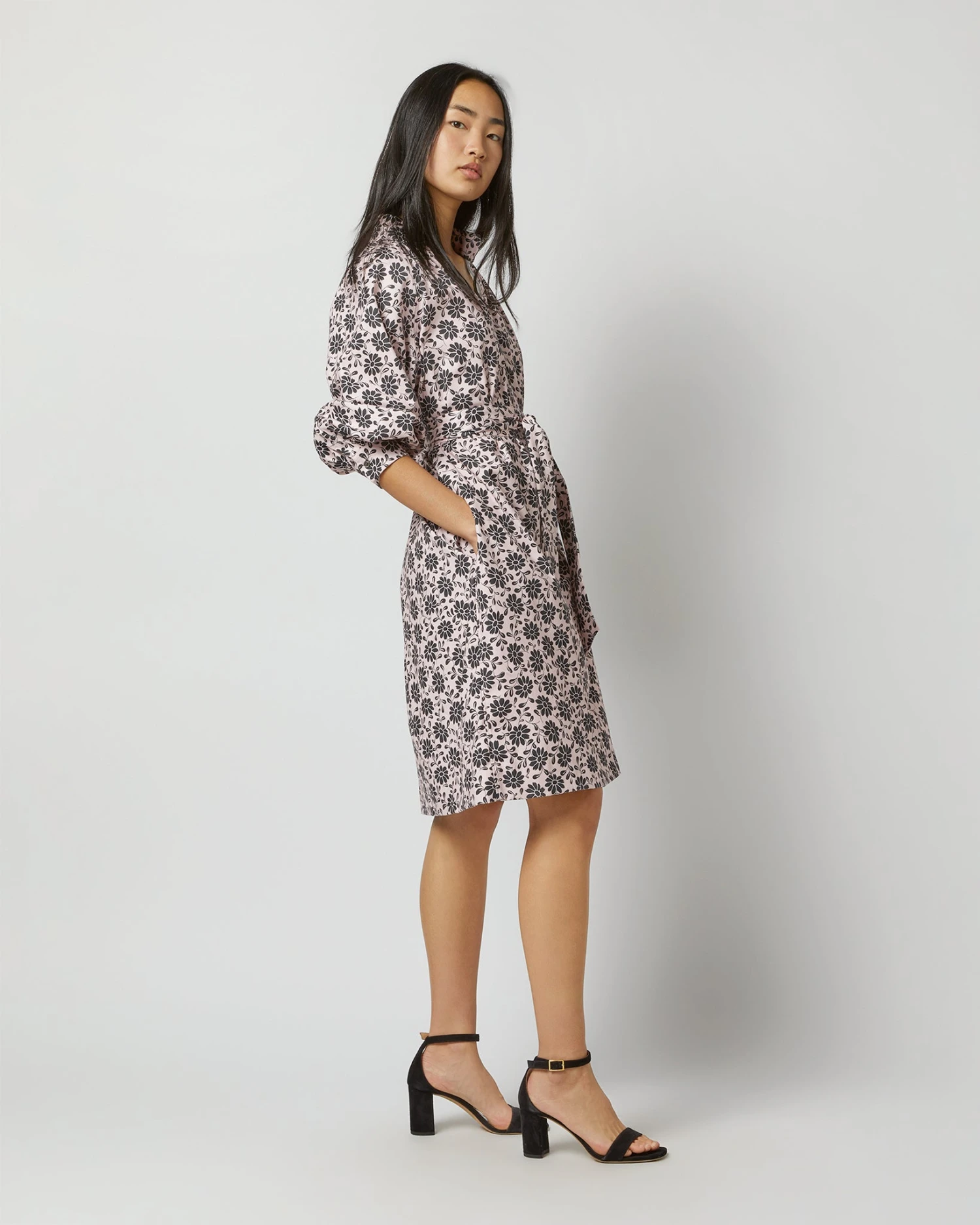 Liya Dress In Light Pink/Charcoal Daisy Stretch Sateen 9 Liya Dress In Light Pink/Charcoal Daisy Stretch Sateen - Image 7