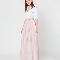 Reversible Pleated Wrap Skirt In Light Pink/Red Silk Taffeta 18 Reversible Pleated Wrap Skirt In Light Pink/Red Silk Taffeta -Modezzia Sales S72098 SAMPLE 1939