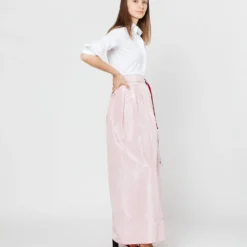 Reversible Pleated Wrap Skirt In Light Pink/Red Silk Taffeta 19 Reversible Pleated Wrap Skirt In Light Pink/Red Silk Taffeta -Modezzia Sales S72098 SAMPLE 1952