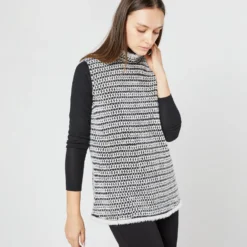 Sleeveless Ana Fringe Top In Ivory/Black Filagree Flower Wool -Modezzia Sales S72099 3921