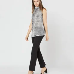 Sleeveless Ana Fringe Top In Ivory/Black Filagree Flower Wool -Modezzia Sales S72099 4070