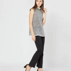 Sleeveless Ana Fringe Top In Ivory/Black Filagree Flower Wool -Modezzia Sales S72099 4075