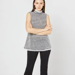 Sleeveless Ana Fringe Top In Ivory/Black Filagree Flower Wool -Modezzia Sales S72099 4111