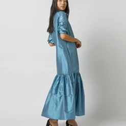 Manon Dress In Steel Blue Silk Shantung -Modezzia Sales S72255 9727