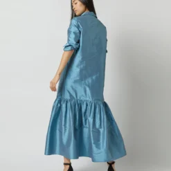 Manon Dress In Steel Blue Silk Shantung -Modezzia Sales S72255 9731